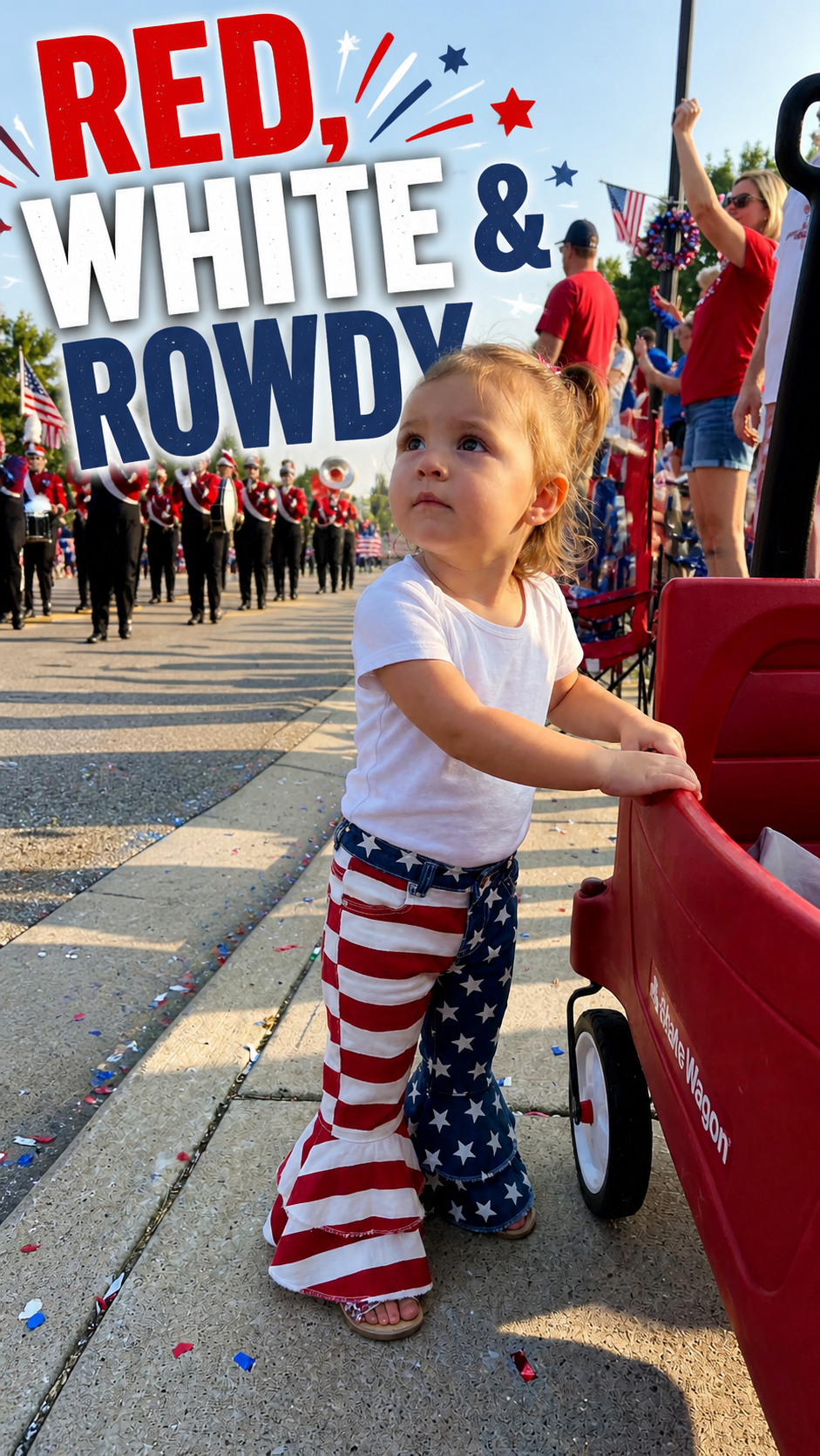 TODDLER GIRL AT PARADE WEARING Girls American flag bell bottom jeans featuring a split stars-and-stripes design with one leg in navy star print and the other in red and white stripes. Made from stretch denim with a mid-rise fit, functional front and back pockets, and belt loops. Adjustable waistband with button and zipper closure for a better fit. Finished with a tiered ruffle bell bottom hem for added flare. Available in sizes 6–12M through 14/16.