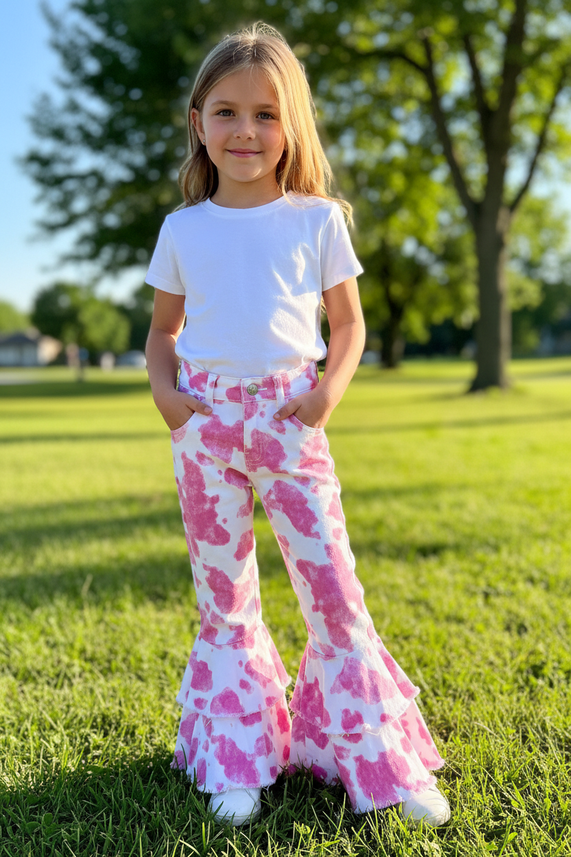 A young girl stands on a grassy park lawn wearing white flared pants with a pink cow print, paired with a plain white t-shirt.