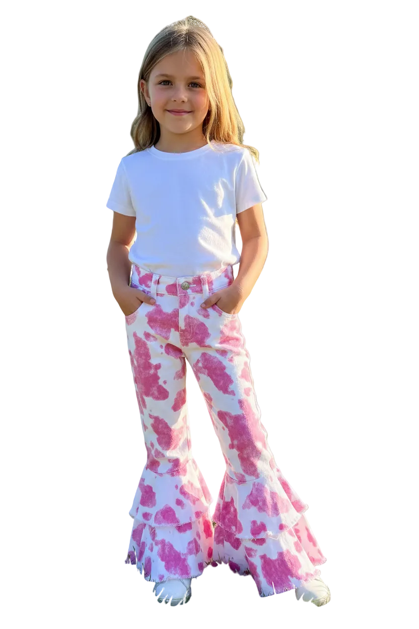 Girls Pink Cowprint Bell Bottom Jeans, Boutique Cowgirl Pants