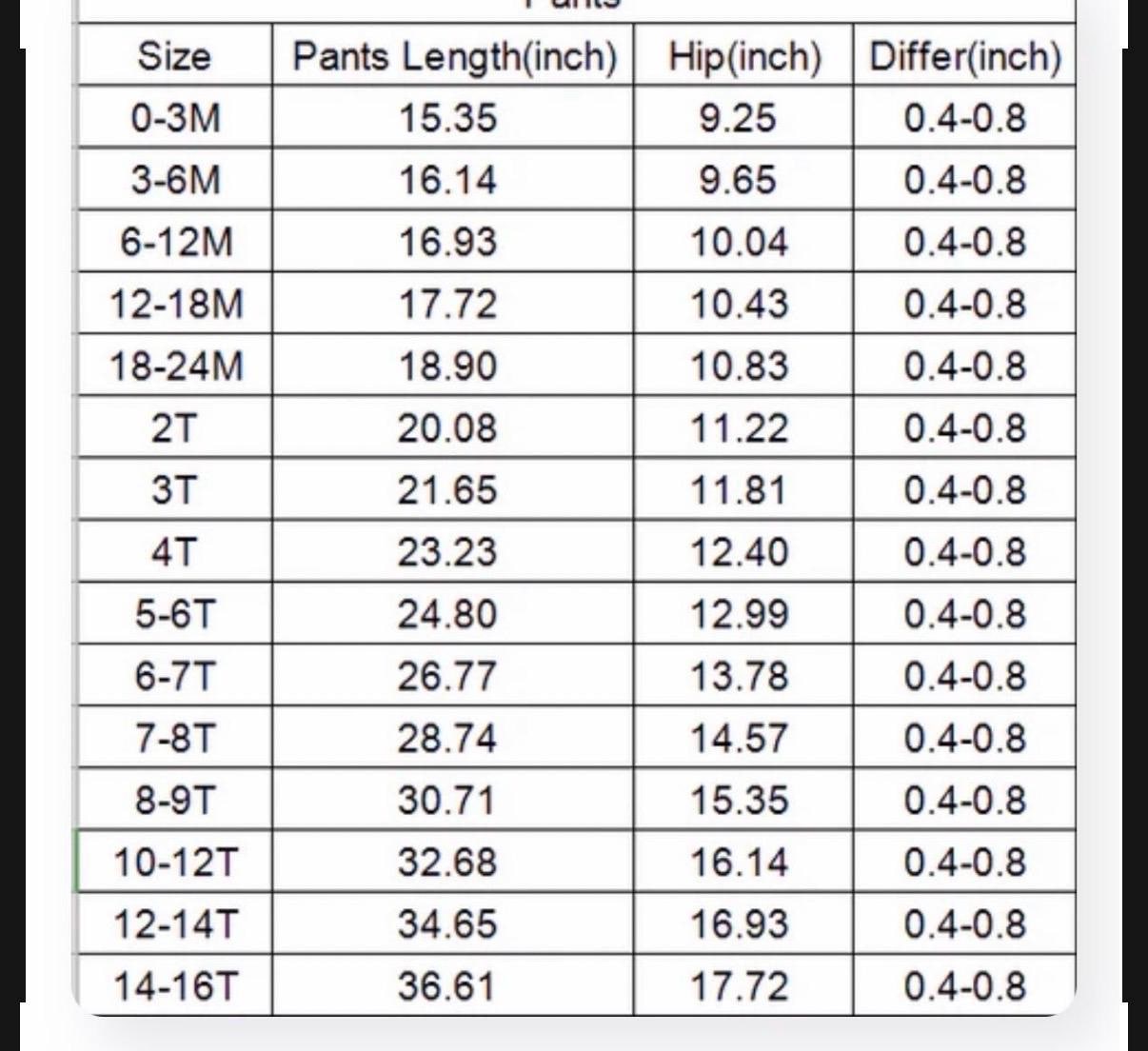A size chart table showing pants length and hip measurements in inches by size category from 0-3M to 14-16T, with a white background and black text.