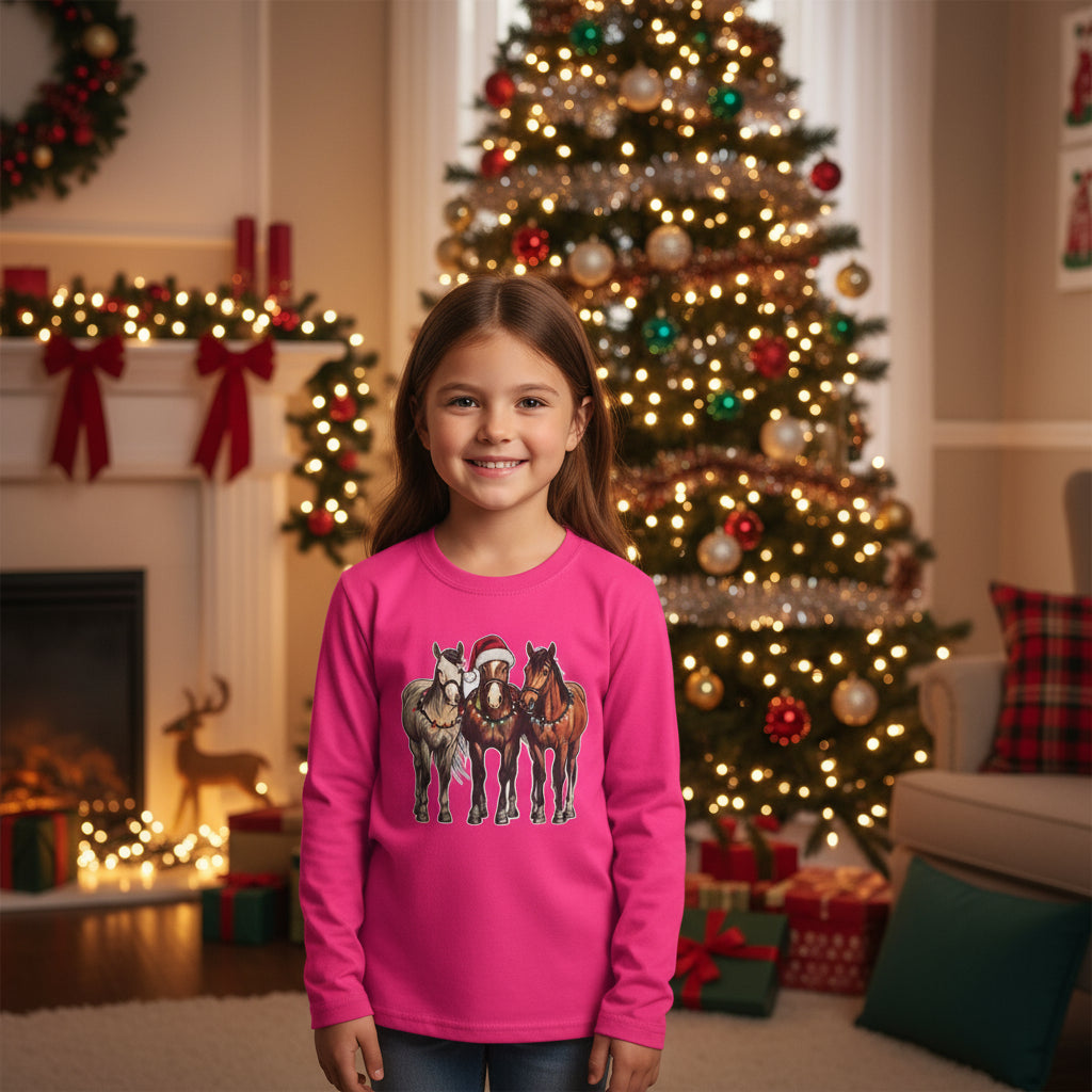 Pink long-sleeve shirt with horse graphic on a white background