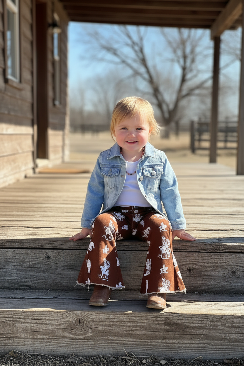 Girls Vintage Cowboy Bell Bottom Jeans | Western Kids Flare Pants