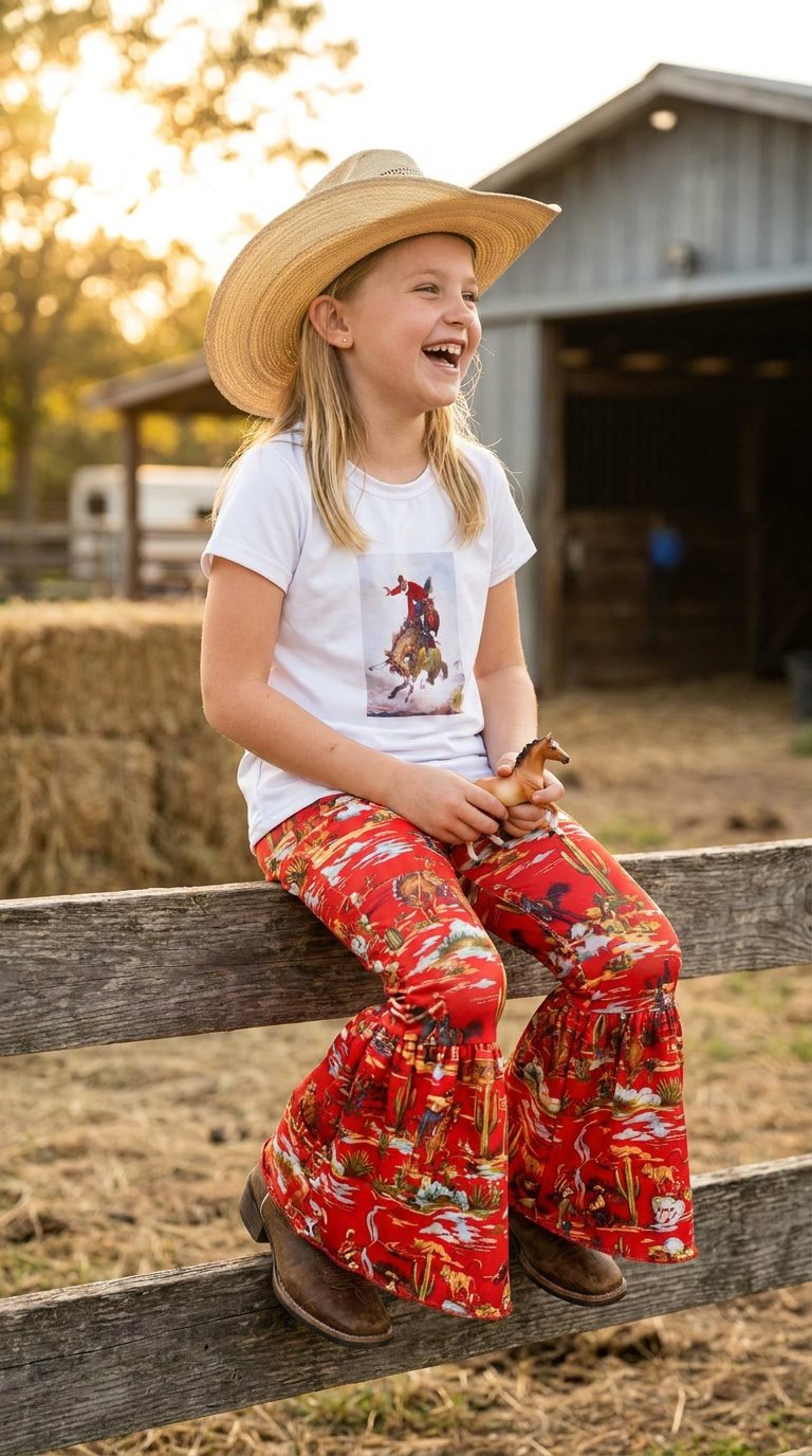 Child wearing a cowboy hat, white t-shirt with COWBOY graphic, and red patterned pants WITH COWBOYS, HORSES AND CACTI sitting on a wooden fence in a rural setting.
