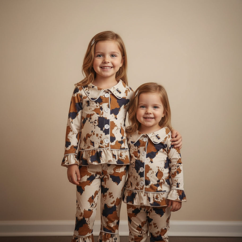 SISTERS WEARING MATCHING COWPRINT RUFFLE PAJAMAS