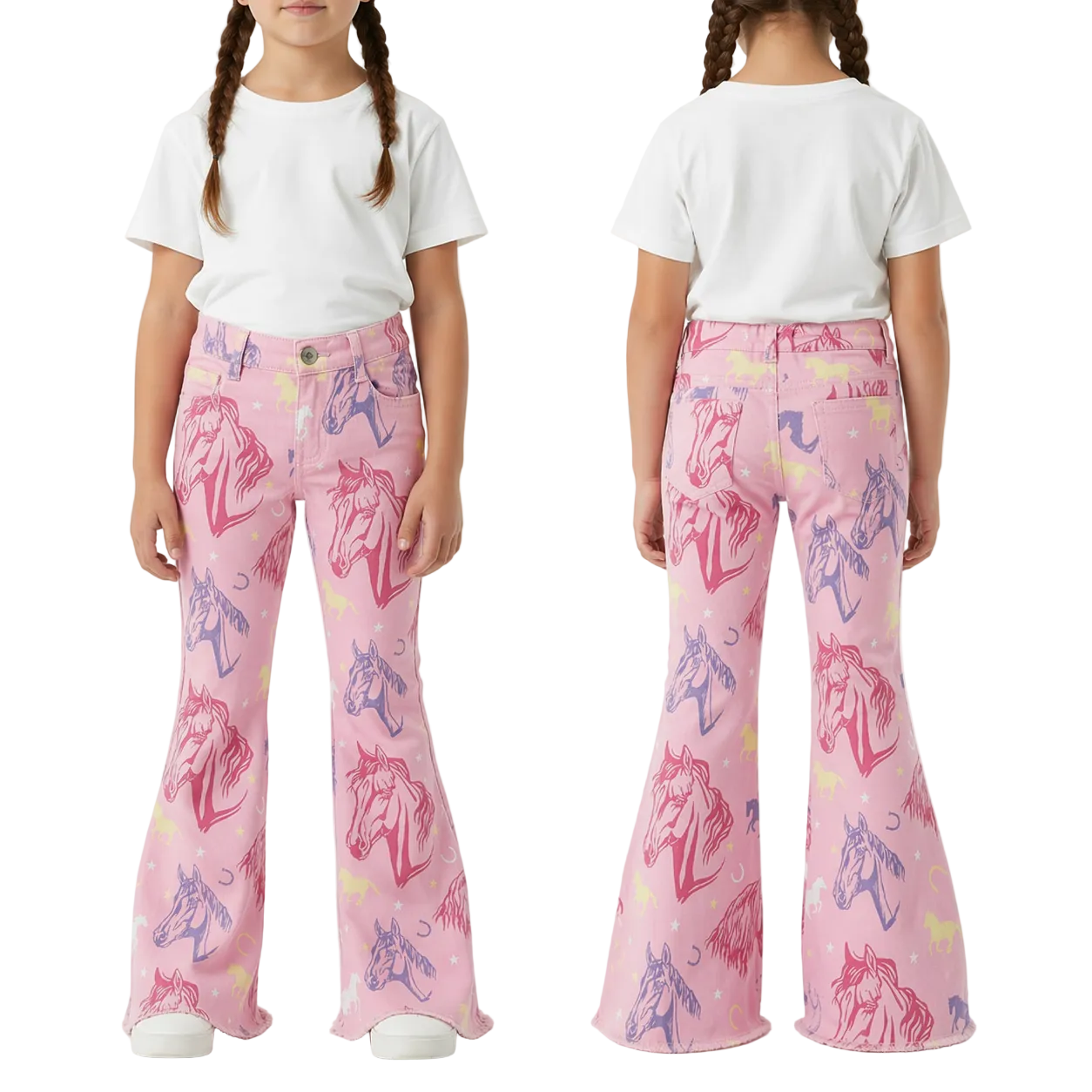 GIRL SHOWING GIRLS_PINK_AND_PURPLE_HORSE_BELL_BOTTOM_JEANS_ ON A WHITE BACKGROUND