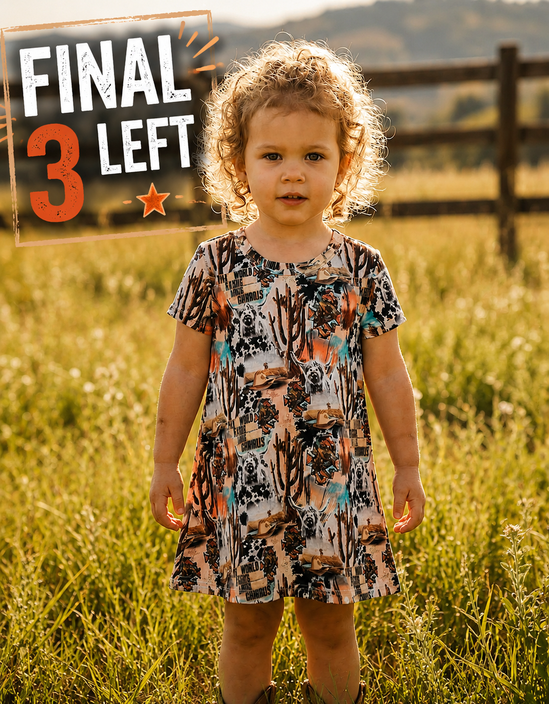 girl standing in field wearing razels Meet her new favorite oh so comfy tee dress! This Girls’ Western T-Shirt Dress brings the Wild West to playtime with a fun mix of cows, cactus, and cowgirl vibes. Soft, stretchy, and easy to wear, it’s the perfect everyday outfit for school, rodeo season, or just running around being her wild cowgirl self. OVERLAY STATES ONLY 3 LEFT - SIZES 3-6 MONTHS, 12-18 MONTHS, 2T
