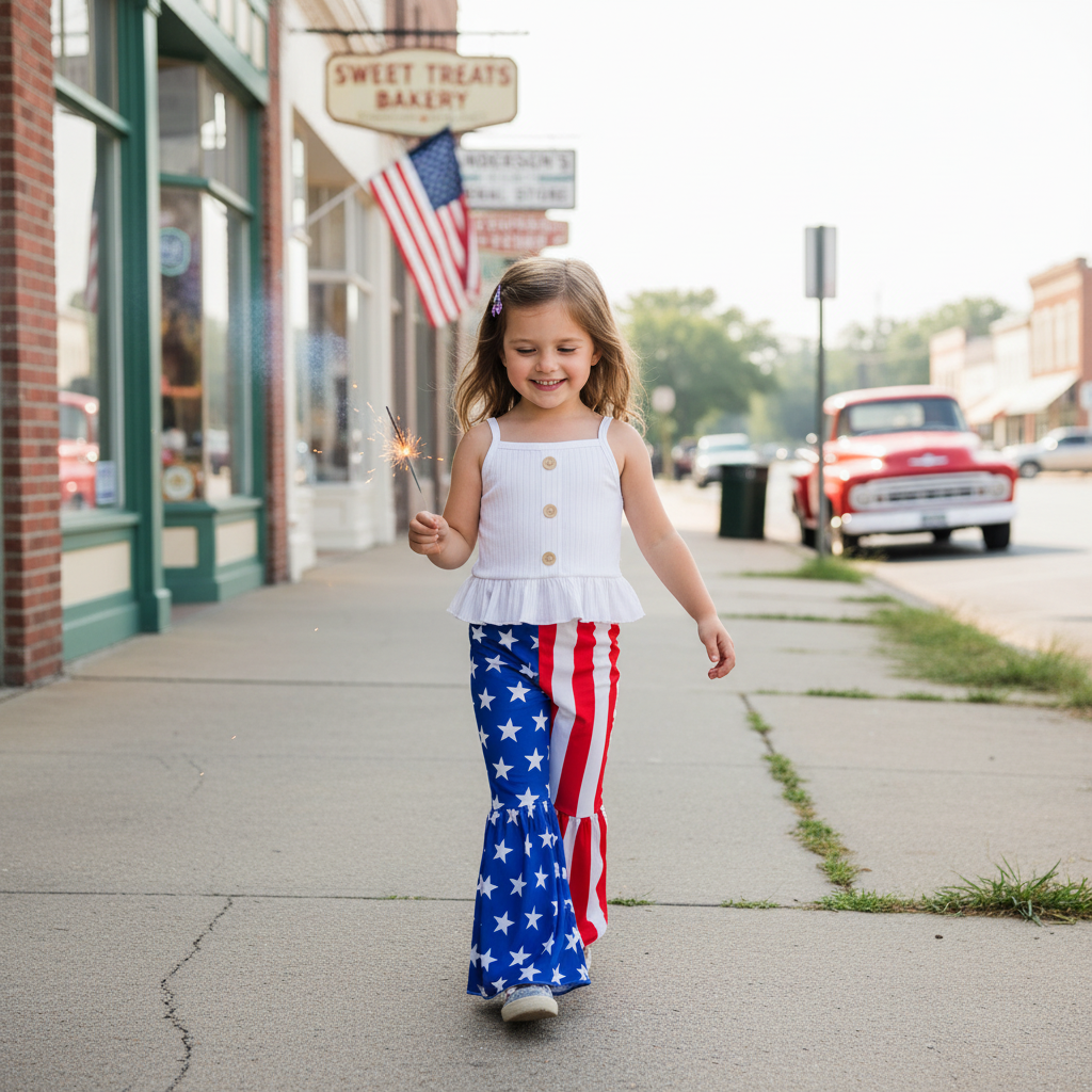GIRL WALKING DOWN STREET WEARING White top with ruffled details and American flag patterned pants