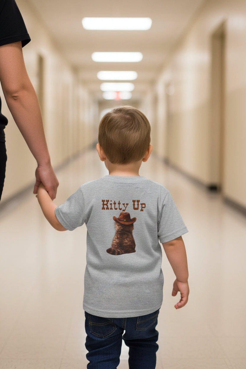 Gray t-shirt with a cat wearing a cowboy hat and 'Kitty Up' text on a white background