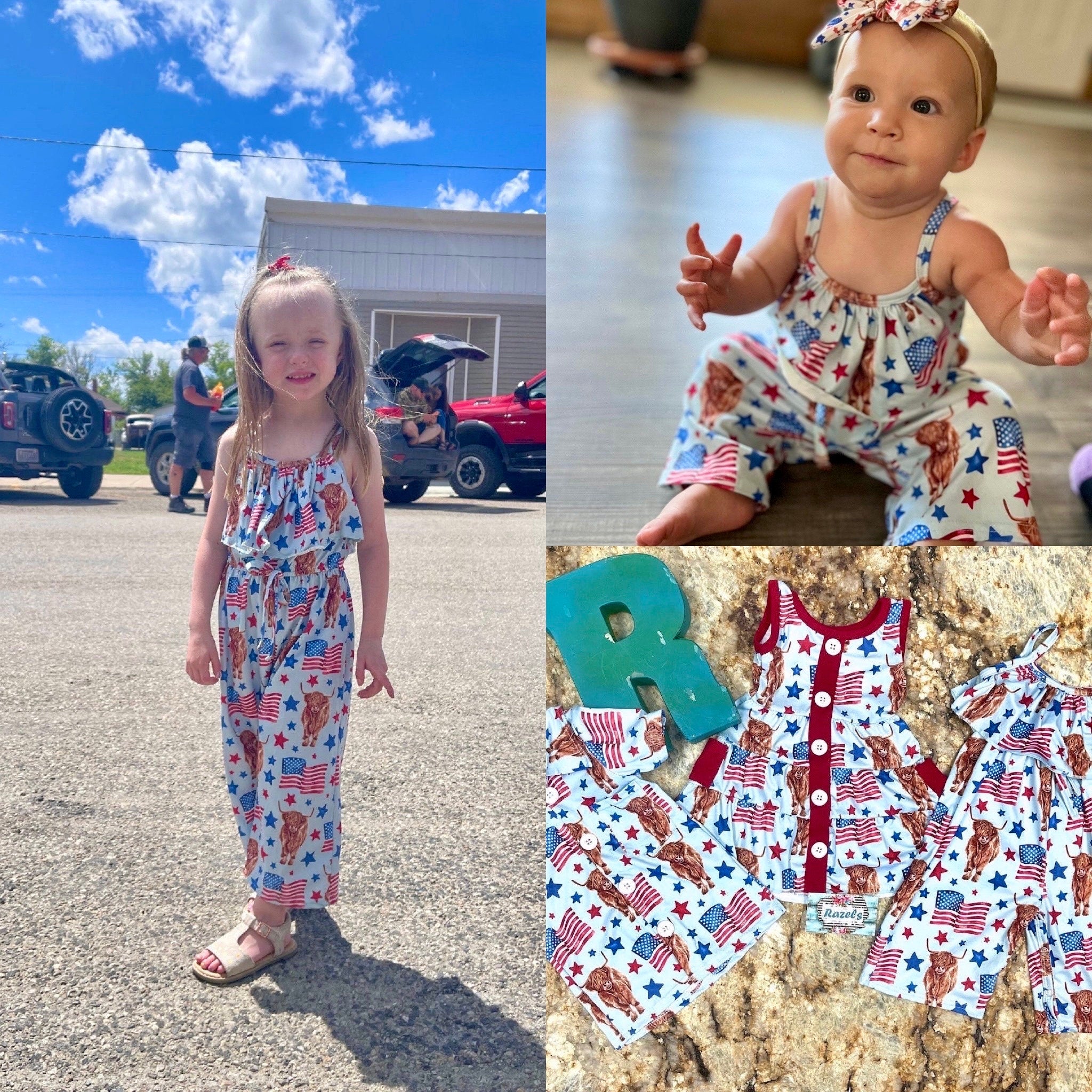 Get ready to celebrate the 4th of July in full-on Western style with our adorable Highland Cow & American
āļø Ships TODAY from Montana
š Sizes available from 3-6 months to 8/9
š FREE shipping on orders $35+
ā Highland cows + patriotic stars and stripes = the cutest combo ever
ā Three fun styles: button-up shirt, sleeveless dress, and ankle-length romper