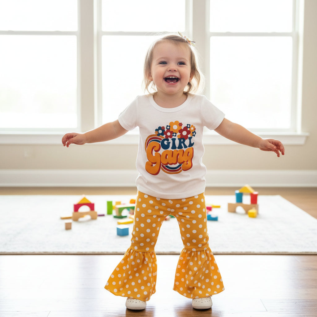 Girl Gang Shirt and Yellow Polka Dot Bell Bottom Outfit – Retro Floral Vibes for Girls! 🌼💪🏽
This fun, bright Polka Dot Bell Bottom outfit is perfect for your little fashionista! I love the retro floral vibe, and what could be more fun than yellow polka dot bell bottoms? This adorable outfit is ready for sunshine and warm weather! 🌞 Or, pair it with a denim jacket for those cooler days, especially if you live in Montana like us! 😉🤠Ships FREE with $35+ purchase from MONTANA.