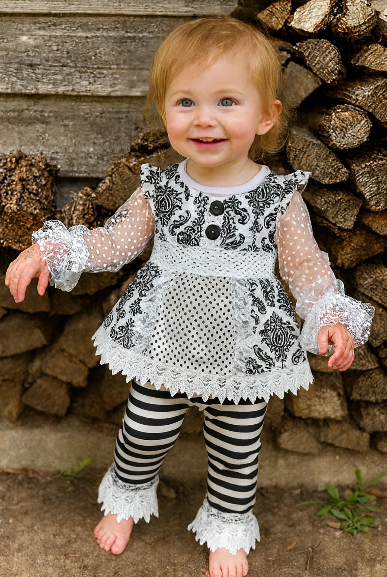 Girls Black and White Lace Outfit: Ruffle Top, Tunic & Striped Pants -Razels
