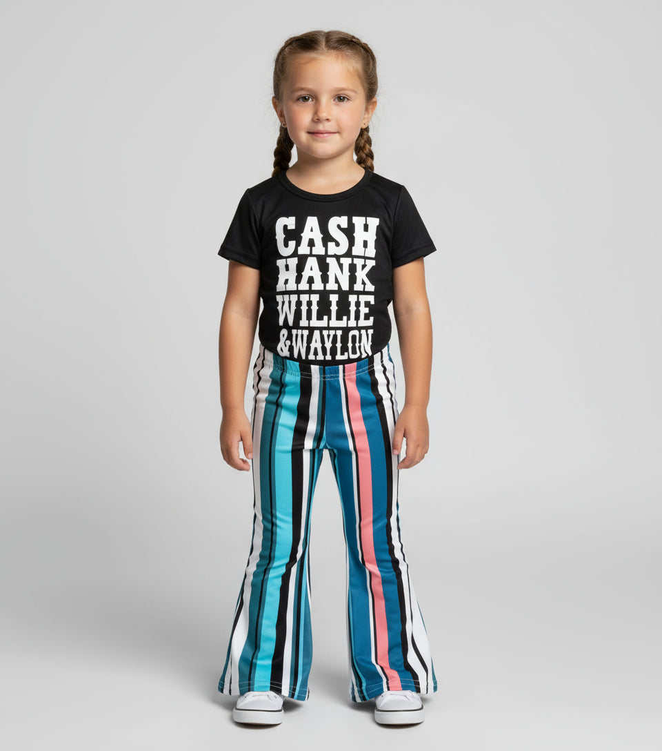 Girls Country Music bell bottom outfit. The outfit features black t-shirt with CASH, HANK, WILLIE, AND WAYLON scrolled across the front. Bell bottom pants feature stripes in pink, blue, black, white and turquoise.