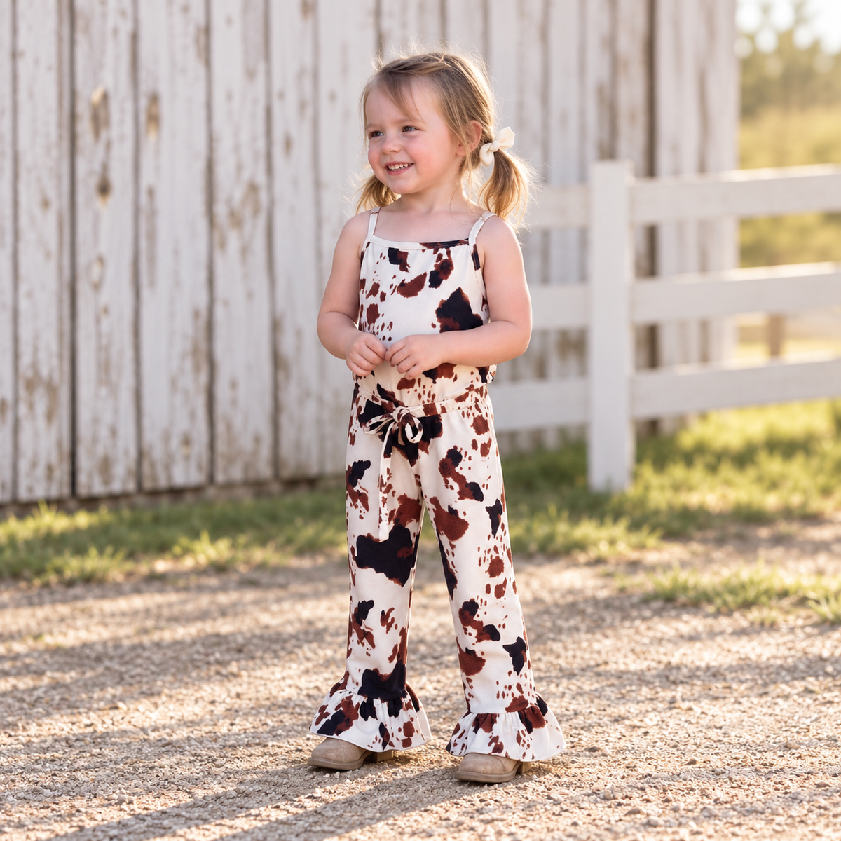 girl standing in front of barn wearing sandals and Girls Cow Print Bell Bottom Romper, Western Cowgirl Jumpsuit, Baby Toddler Outfit