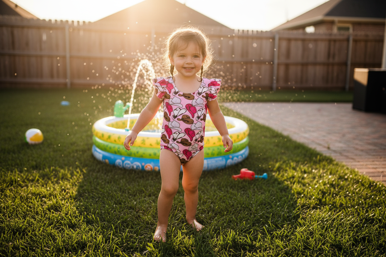 girl playing in backyard wearing Girls Cowgirl Hat Swimsuit | Western One Piece