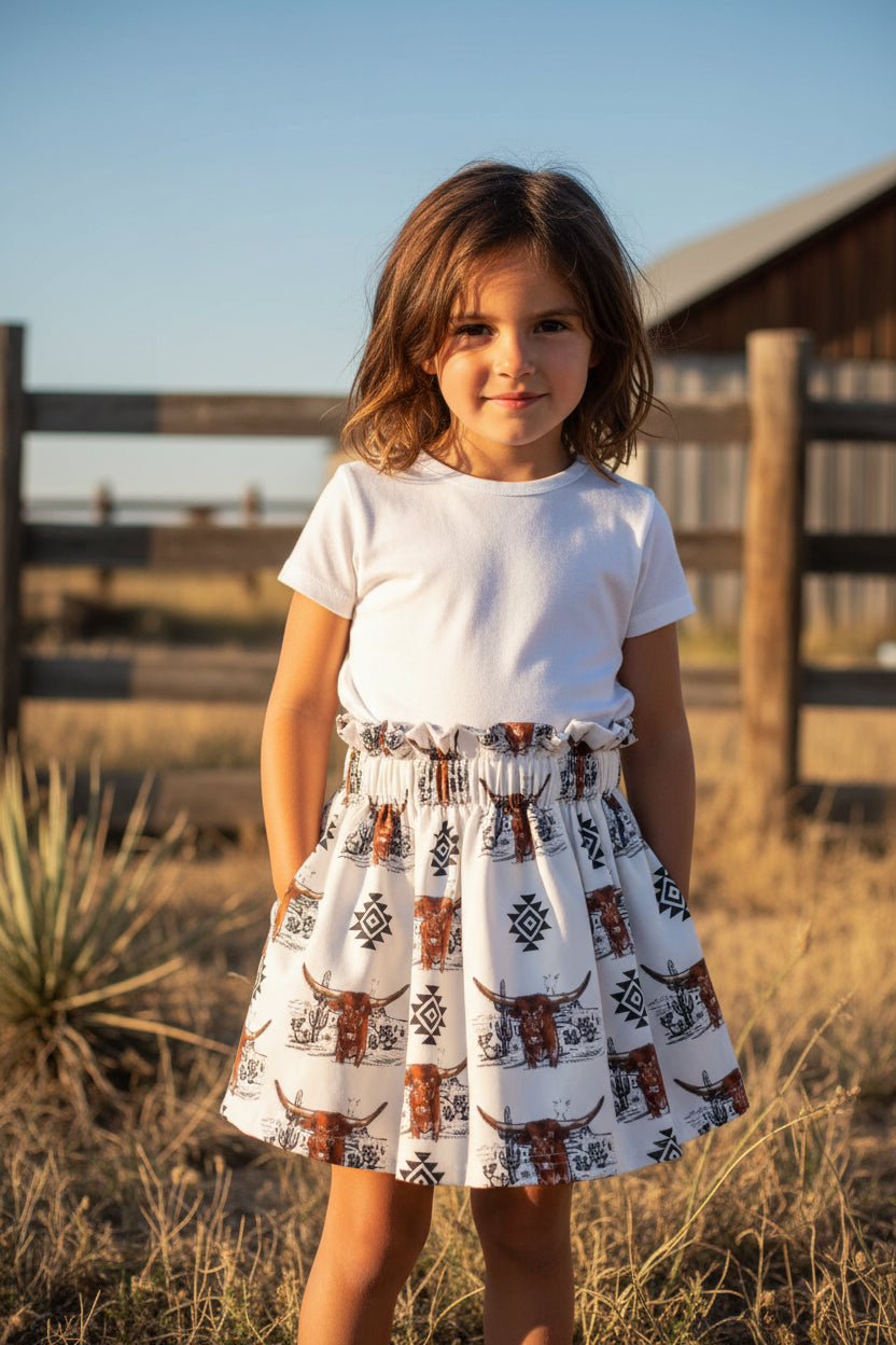 Girls Cowgirl Skirt | Western Longhorn Aztec Print Skirt, Girls Paper Bag Skirt with aztec design and desert scene. Black, white and brown