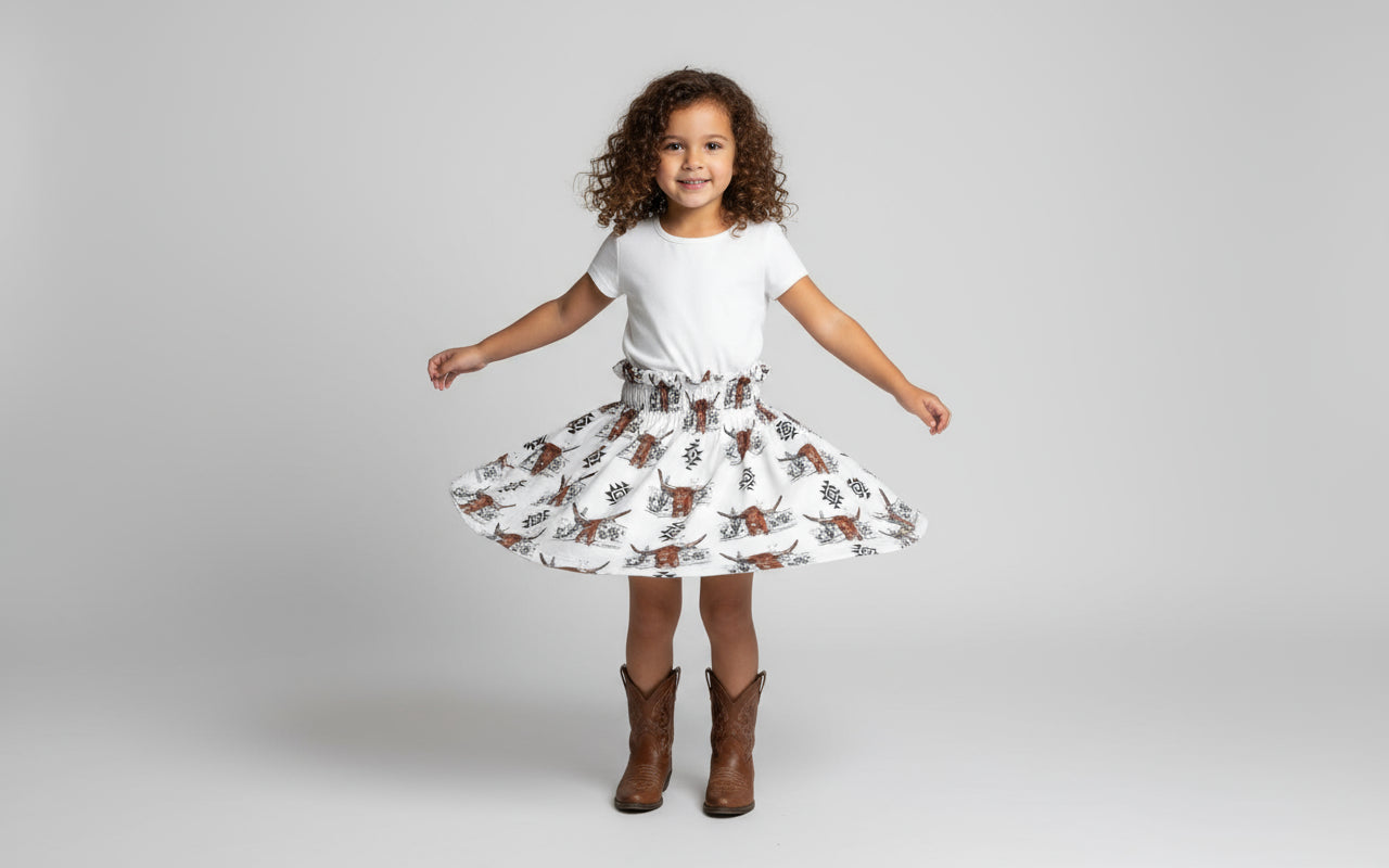 Girls Cowgirl Skirt | Western Longhorn Aztec Print Skirt, Girls Paper Bag Skirt with aztec design and desert scene. Black, white and brown