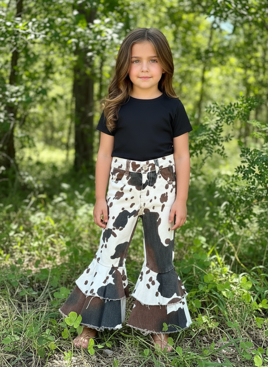Girls Cowprint Bell Bottom Jeans - Western Toddler Outfit