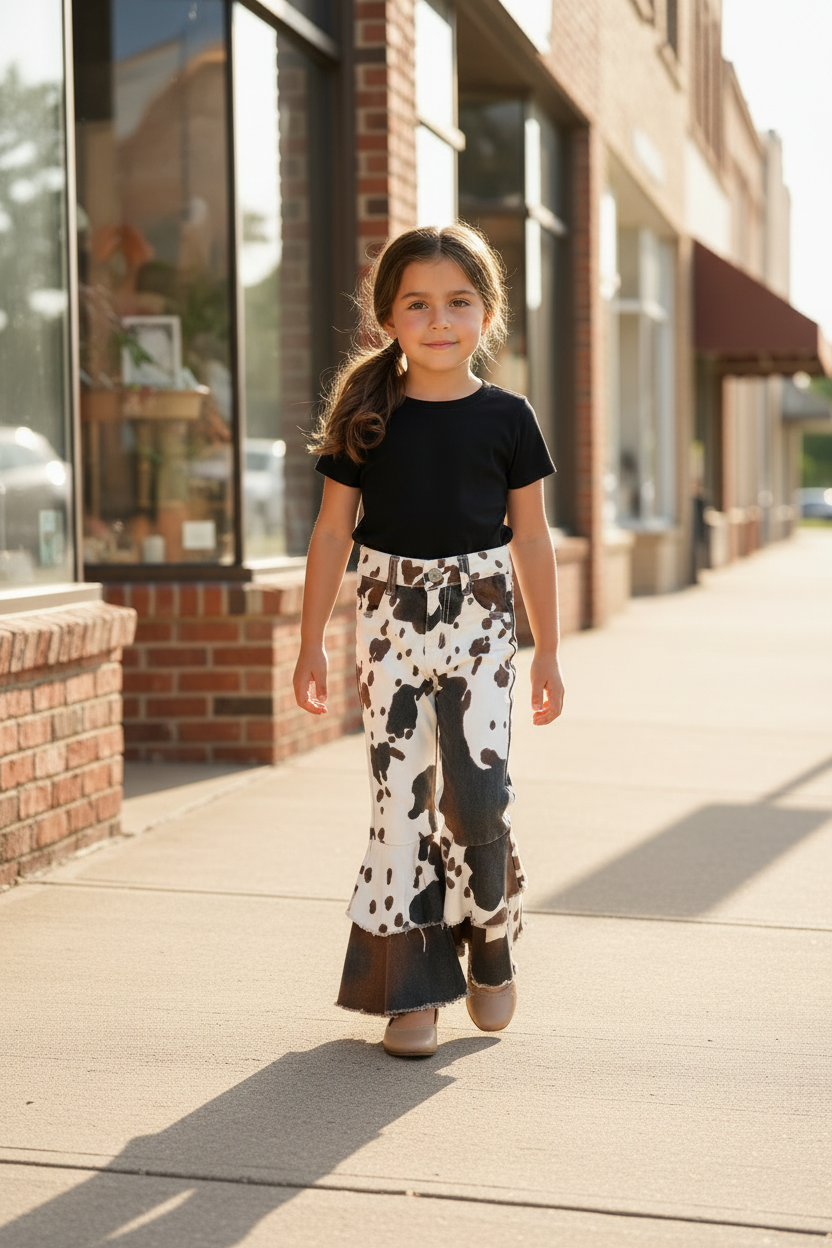 Child wearing black top and cow print bell-bottom pants standing in a forest.
