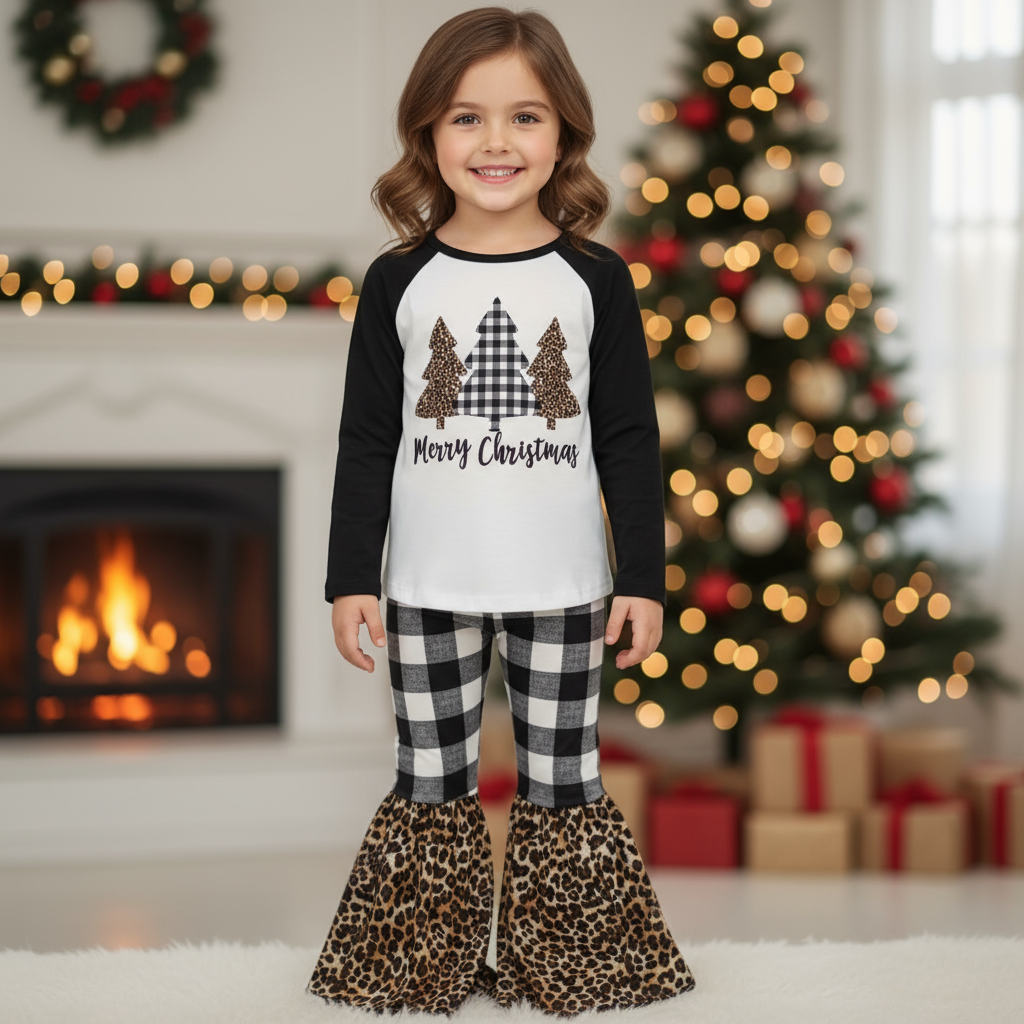 Girls “Merry Christmas” Outfit – Buffalo Plaid & Leopard Bell Bottom Set | Sizes 3T–6/7