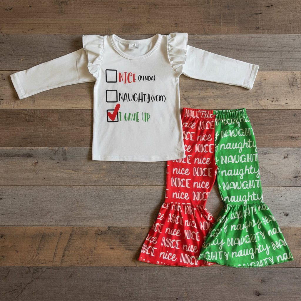 Girls “Nice, Naughty, I Gave Up” Christmas Outfit – Funny Holiday Bell Bottom Set | Kids Boutique Outfit | Sizes 3–6 Months to 10–12