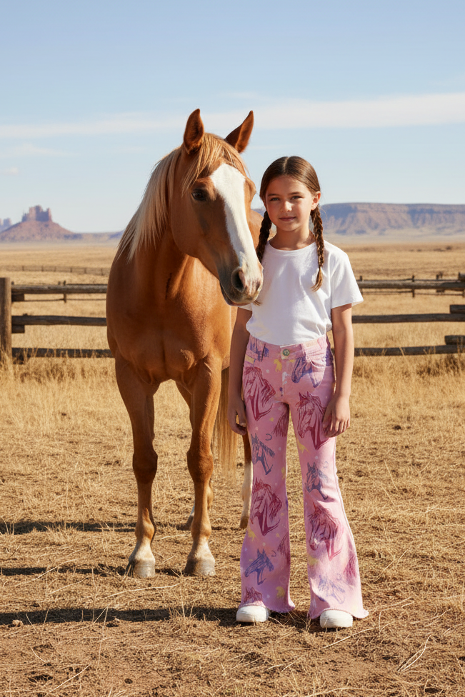 Girl standing next to a horse in a field with a wooden fence and desert landscape in the background