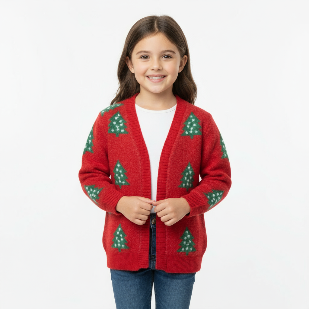 Girls Red Christmas Tree Cardigan – Cozy Holiday Sweater – Toddler & Kids Christmas Outfit – Western Boutique Winter Sweater – Razels