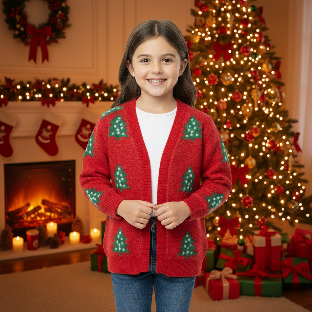 Girls Red Christmas Tree Cardigan – High-Quality Holiday Sweater – Toddler & Kids Christmas Outfit – Cozy Boutique Knit – Razels
