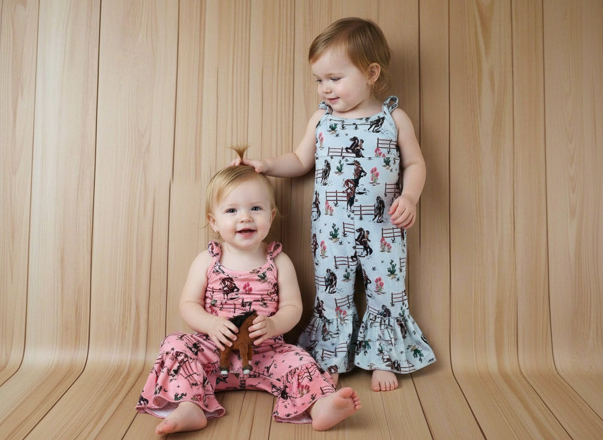 Girls' Retro Cowgirl Romper: Western Jumpsuit, Pink or Blue -Razels