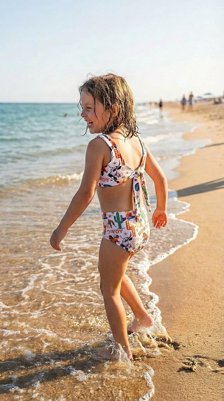 Child in aHIGHLAND LONGHORN COW REVERSIBLE BIKINI swimsuit walking along a beach with ocean waves.
