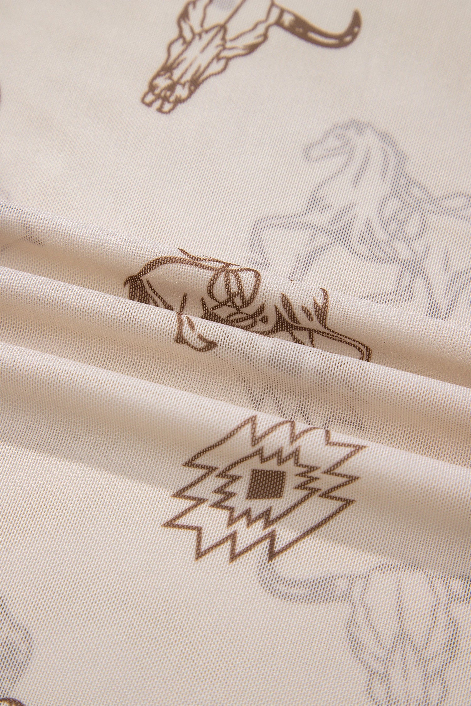 Close-up of beige HORSES, AZTEC AND COW SKUL MESH LONG SLEEVE SHIRT