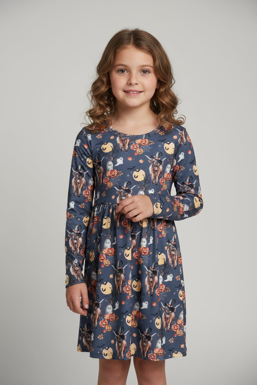 Highland Cow HALLOWEEN Dress: Western long-sleeve dress for girls featuring Highland cows in witches hats, bats, RIP graves stones, pumpkins, the full moon, spiderwebs, and more. Perfect all Fall.