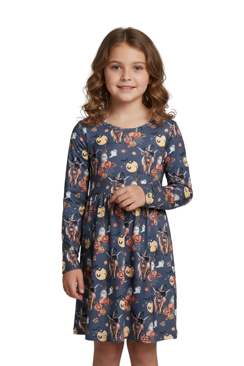 Highland Cow HALLOWEEN Dress: Western long-sleeve dress for girls featuring Highland cows in witches hats, bats, RIP graves stones, pumpkins, the full moon, spiderwebs, and more. Perfect all Fall.