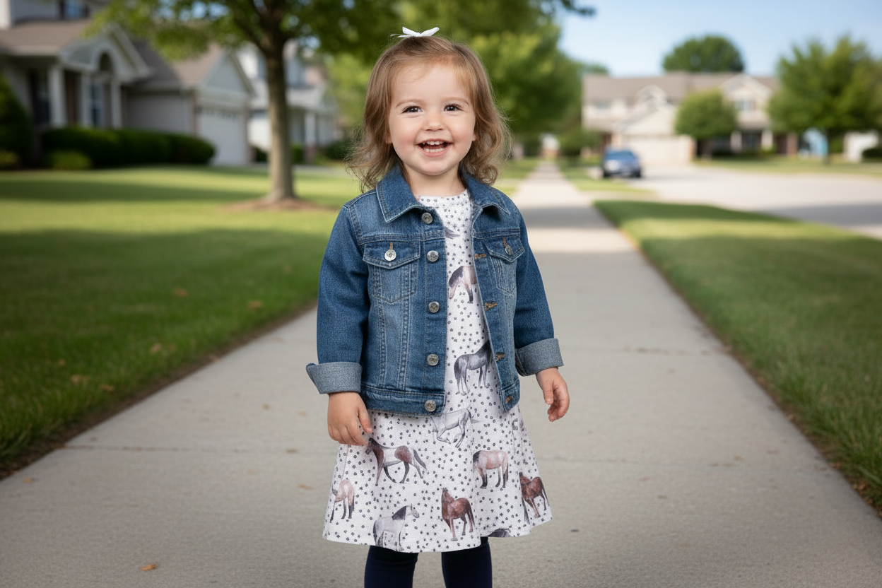 Child wearing a denim jacket and patterned dress on a plain background