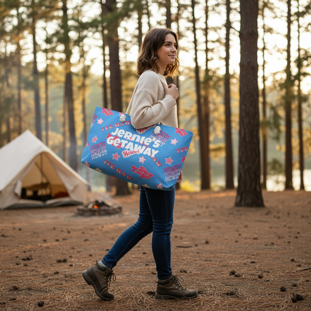 Blue tote bag with 'Jennie's Getaway' text and colorful patterns on a wooden surface with a lake and trees in the background.