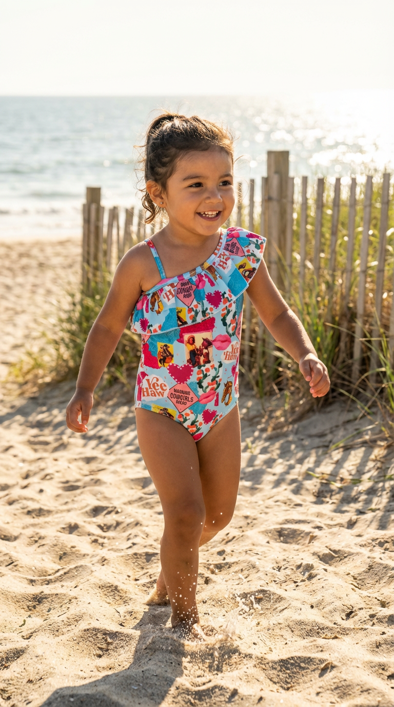Girls Cowgirl Swimsuit • Western Ruffled One‑Piece • Pink Cowgirl Bathing Suit