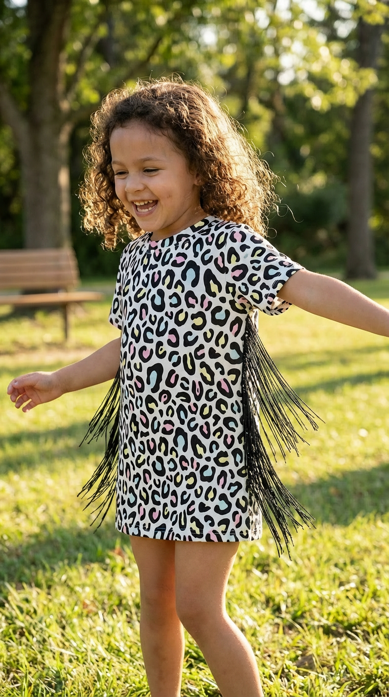 Girls' Cheetah LEOPARD Print Fringe Dress: Colorful Boho Outfit