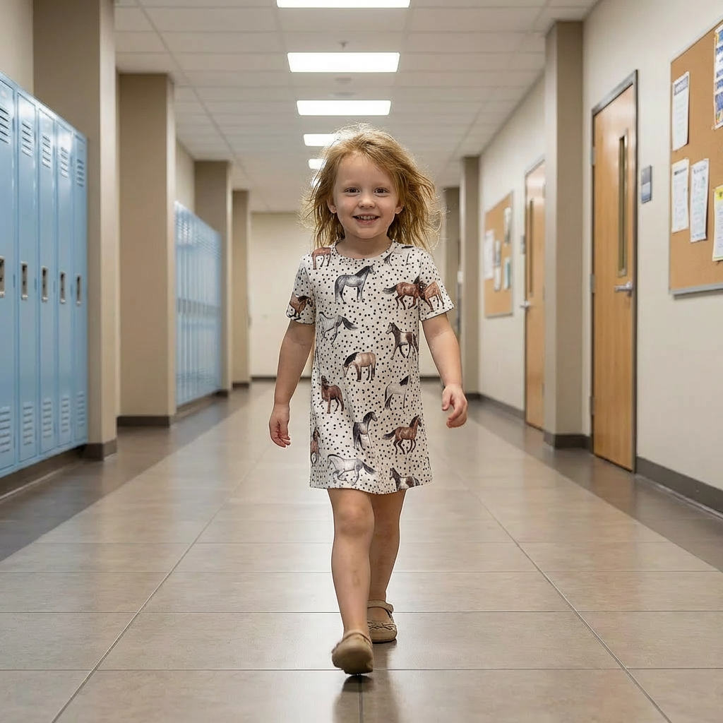 Girls Horse T-Shirt Dress | Polka Dot Horse Print Dress | Kids Casual Dress
