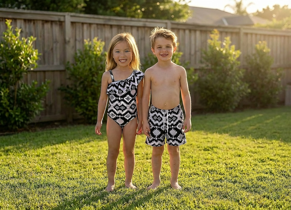 Matching Kids Swimsuits, Western Black and White Swimsuits
