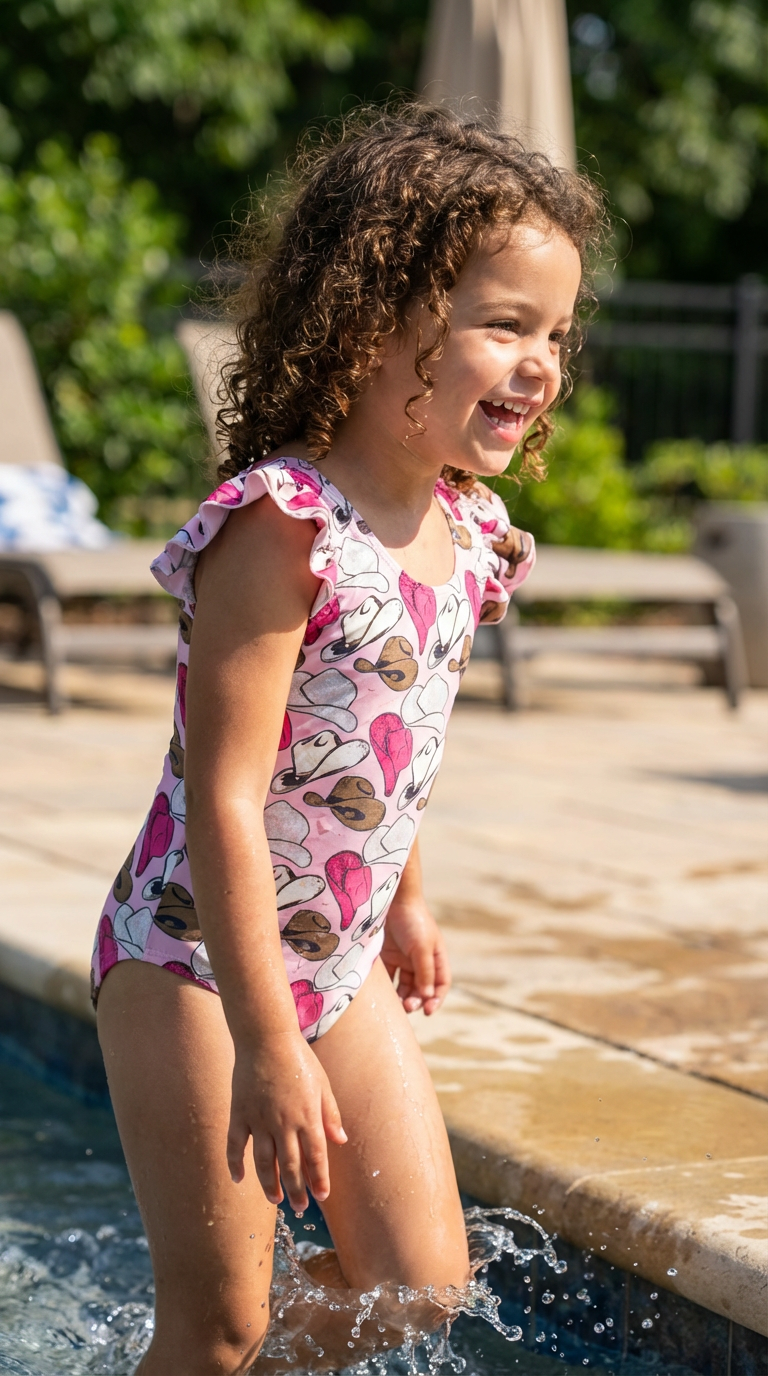 Cowgirl Hat Swimsuit | Girls Pink Western One‑Piece