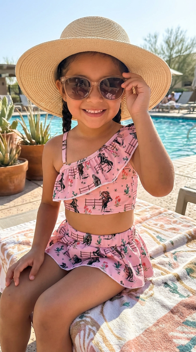 Girls Pink Western Skirted Swimsuit, Bronc Cowgirl Ruffle Bikini Set