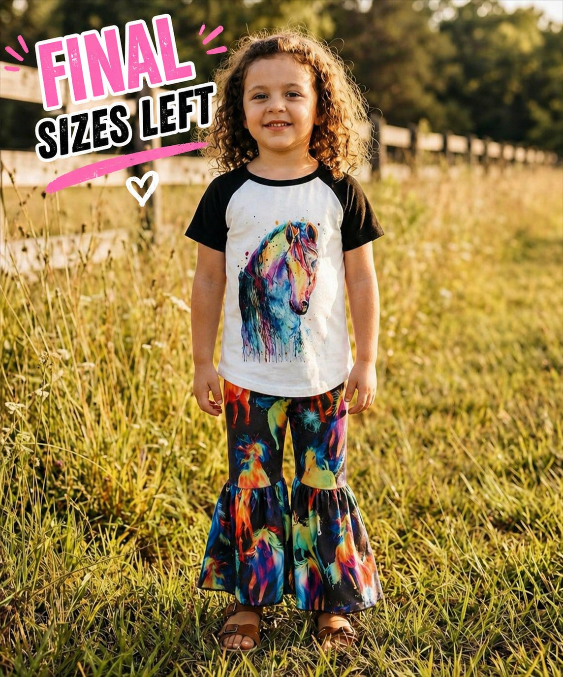 Neon Horse Bell Bottom Set: Girls Horse Lover Outfit