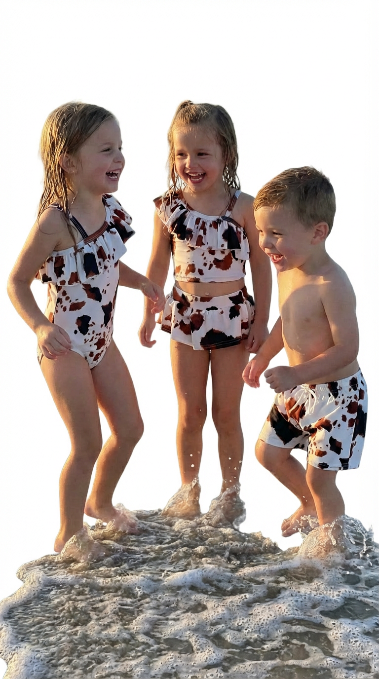 Cow Print Swimsuit • Western Cowprint One‑Piece, Tankini & Matching Boys Cowprint Swim Trunks