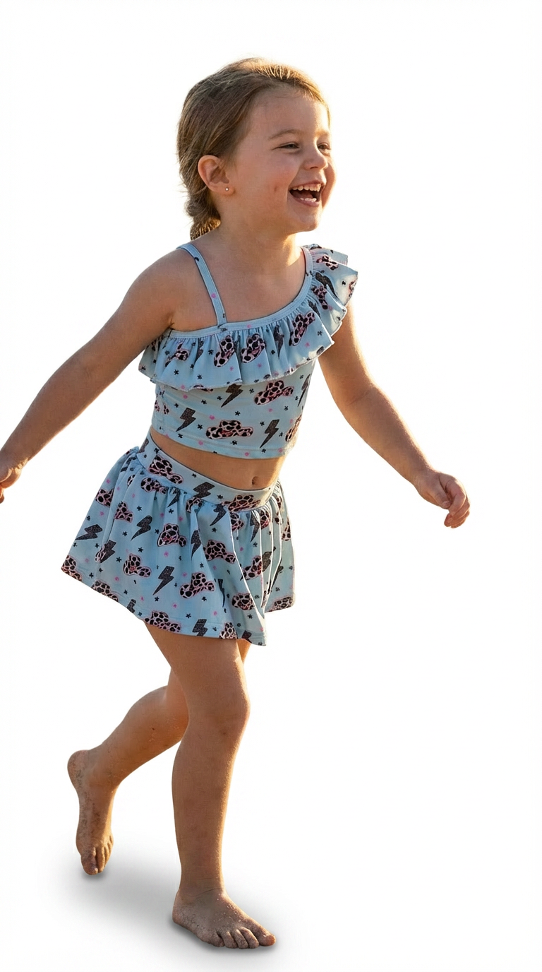 Girls Western Tankini Swimsuit, Skirted Cowgirl Swim Set, Leopard Cowboy Hat Swimsuit