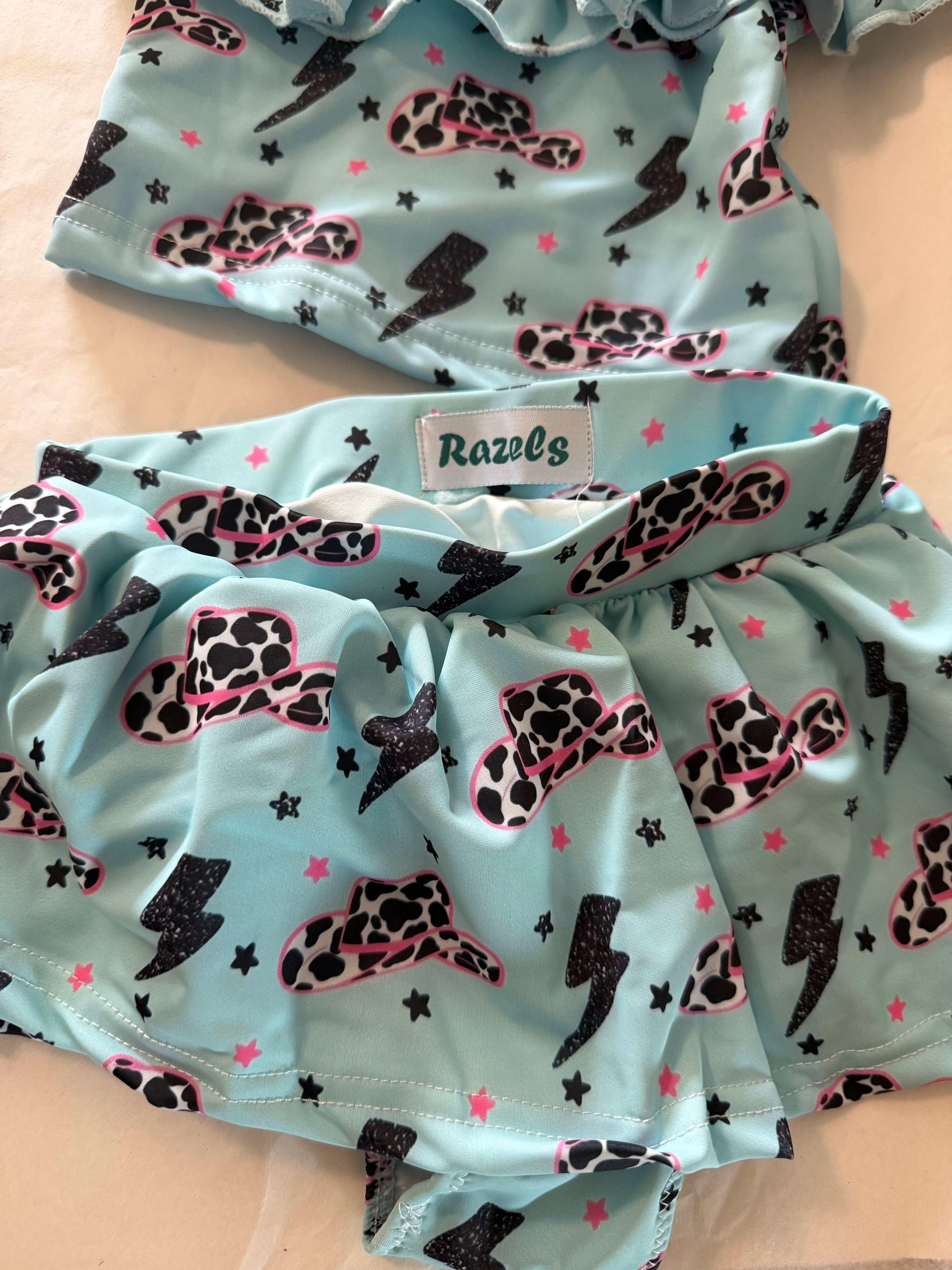 Girls Western Tankini Swimsuit, Skirted Cowgirl Swim Set, Leopard Cowboy Hat Swimsuit