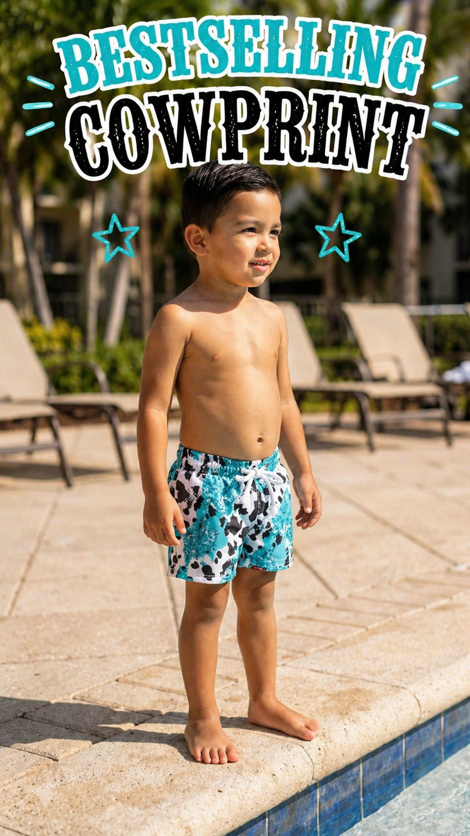 Boys Cow Print Swim Trunks • Turquoise Western Cowhide Shorts