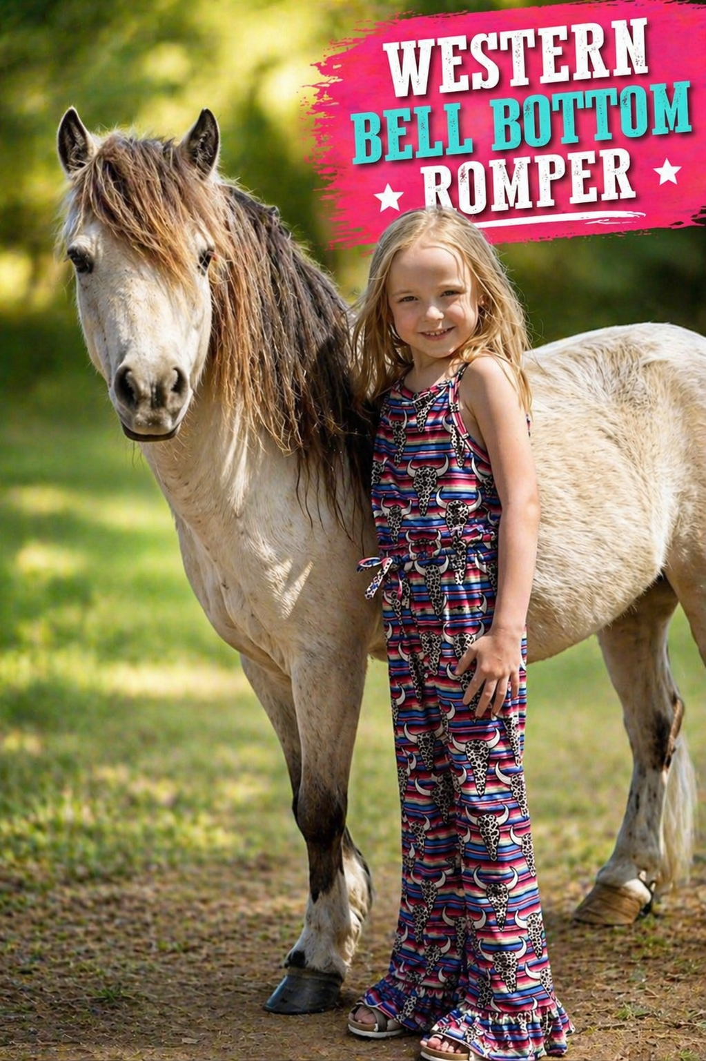 Girls Western Bell Bottom Romper Serape Cow Skull Cowgirl Jumpsuit Toddler Outfit