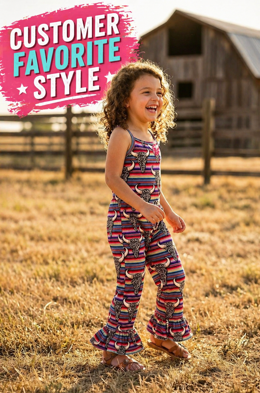 Girls Western Bell Bottom Romper Serape Cow Skull Cowgirl Jumpsuit Toddler Outfit