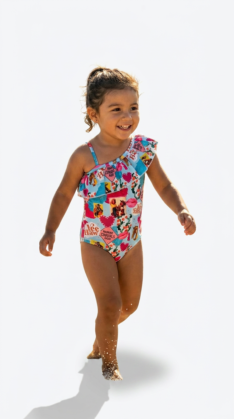 Girls Cowgirl Swimsuit • Western Ruffled One‑Piece • Pink Cowgirl Bathing Suit