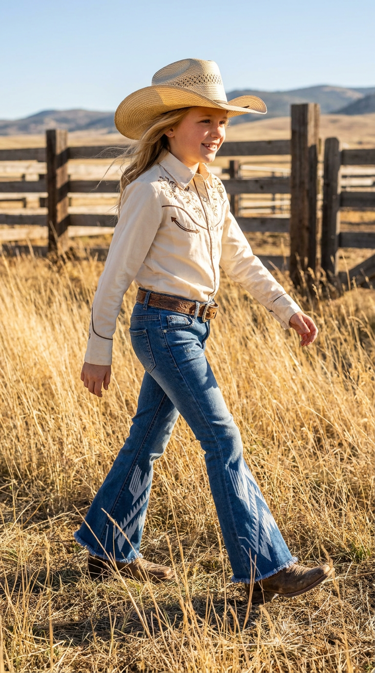 Girls Western Bell Bottom Jeans | Southwestern Flare Cowgirl Pants, Stretchy Frayed Hem
