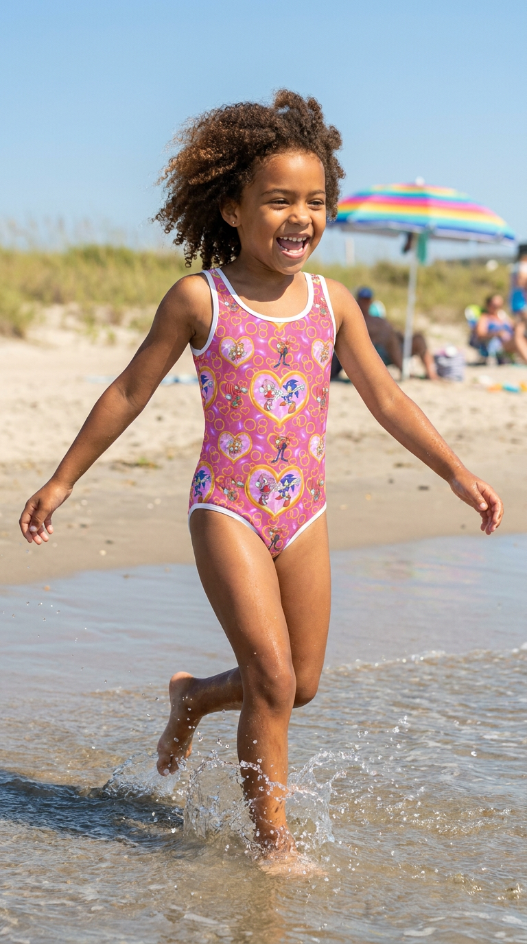 SONIC GIRL One-Piece Swimsuit – Pink Sonic & Friends Kids Bathing Suit, UPF Protection